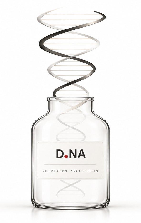 A double helix flowing into a glass supplement bottle labelled D.NA Nutrition Architects.